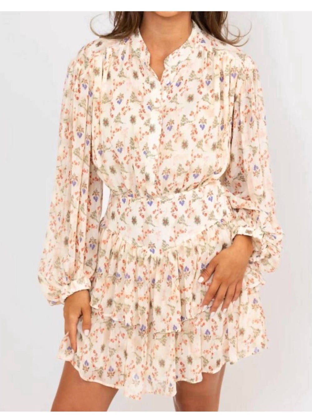 Karlie Floral Chiffon Mini Dress with Long Sleeves Sz. L
